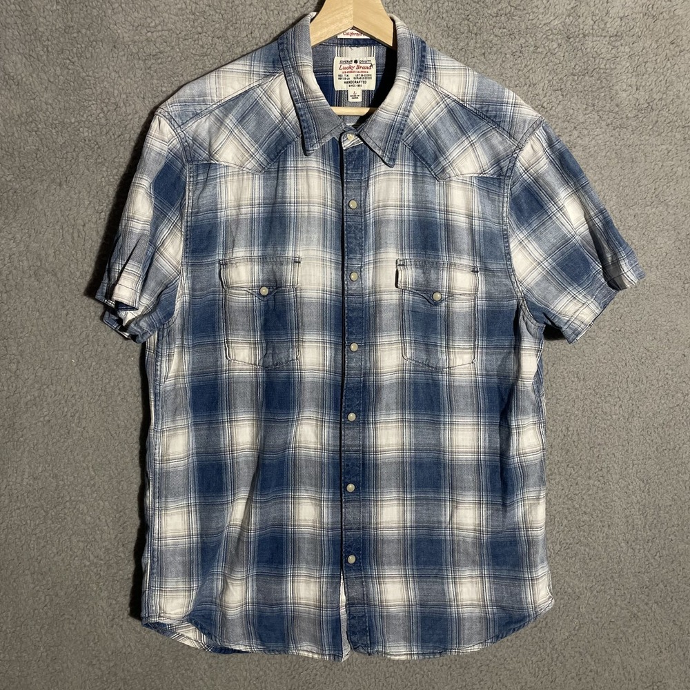 Lucky Brand Shirt Mens Large Blue white Plaid California Fit Western Pearl Snap